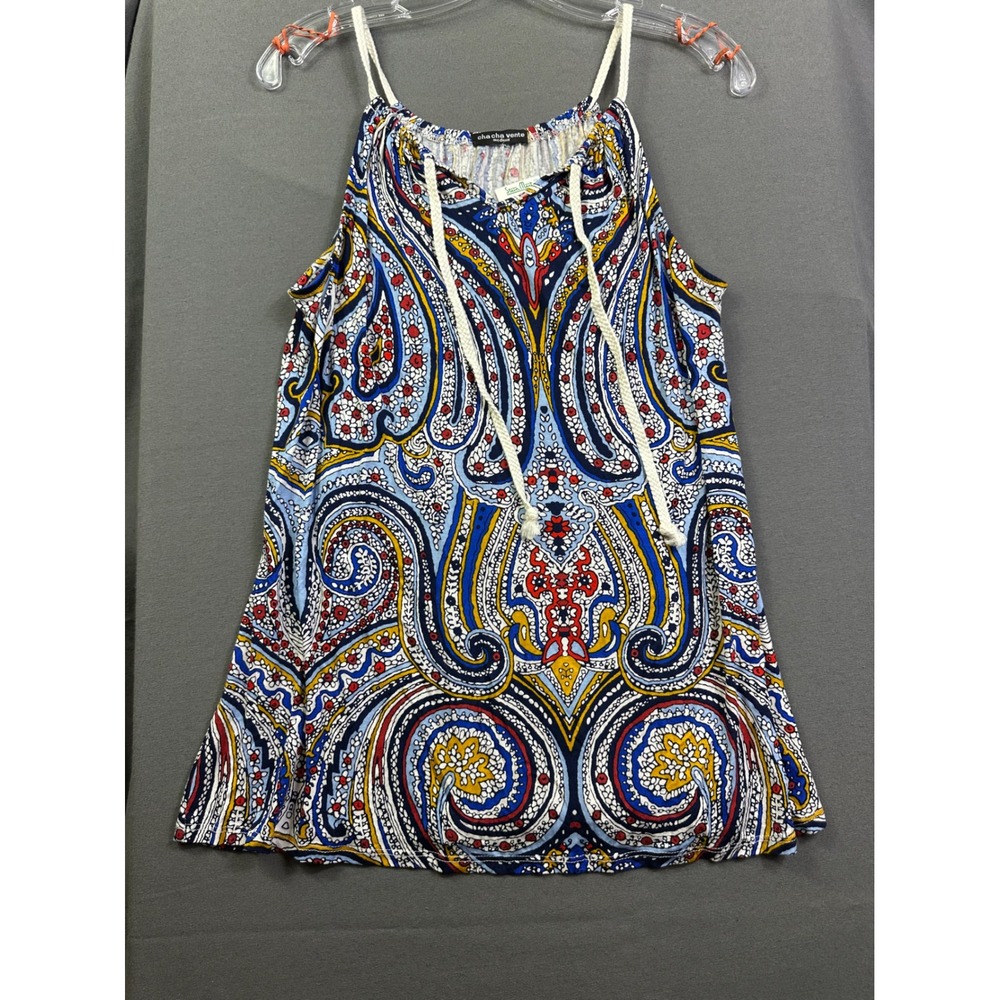 Cha Cha Vente Women's Paisley Sleeveless Top Blue Red Multi Halter Neck Medium